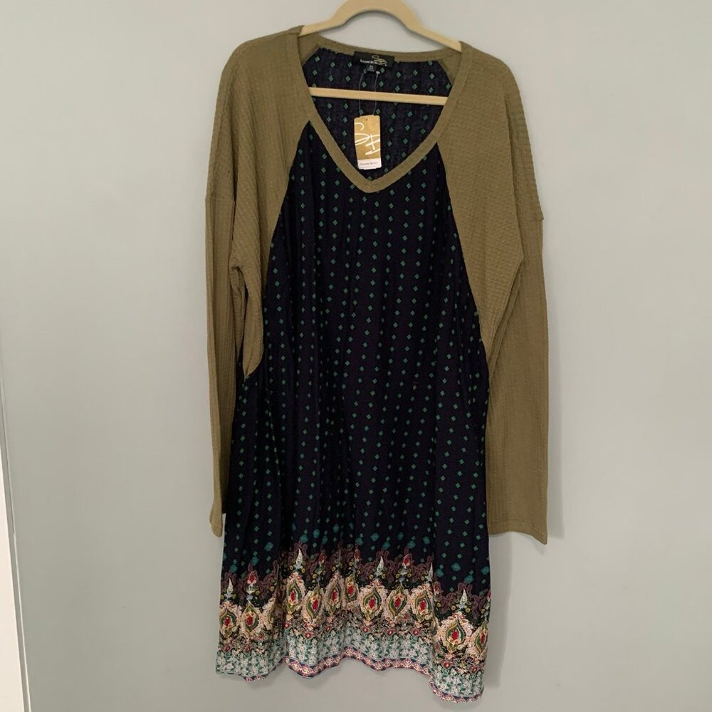 NEW Suzanne Betro Dress Women 4X Olive Navy Arabesque V-Neck A-Line Mixed